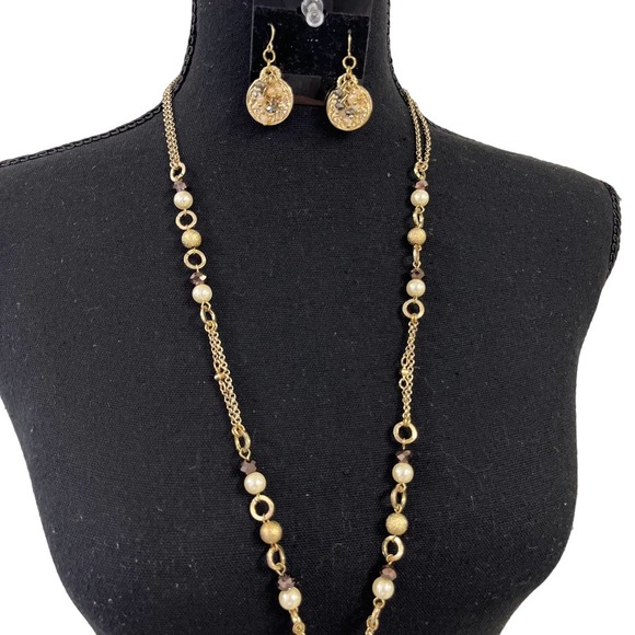 Artique Gold Pearl Necklace Earrings Set - Picture 3 of 4